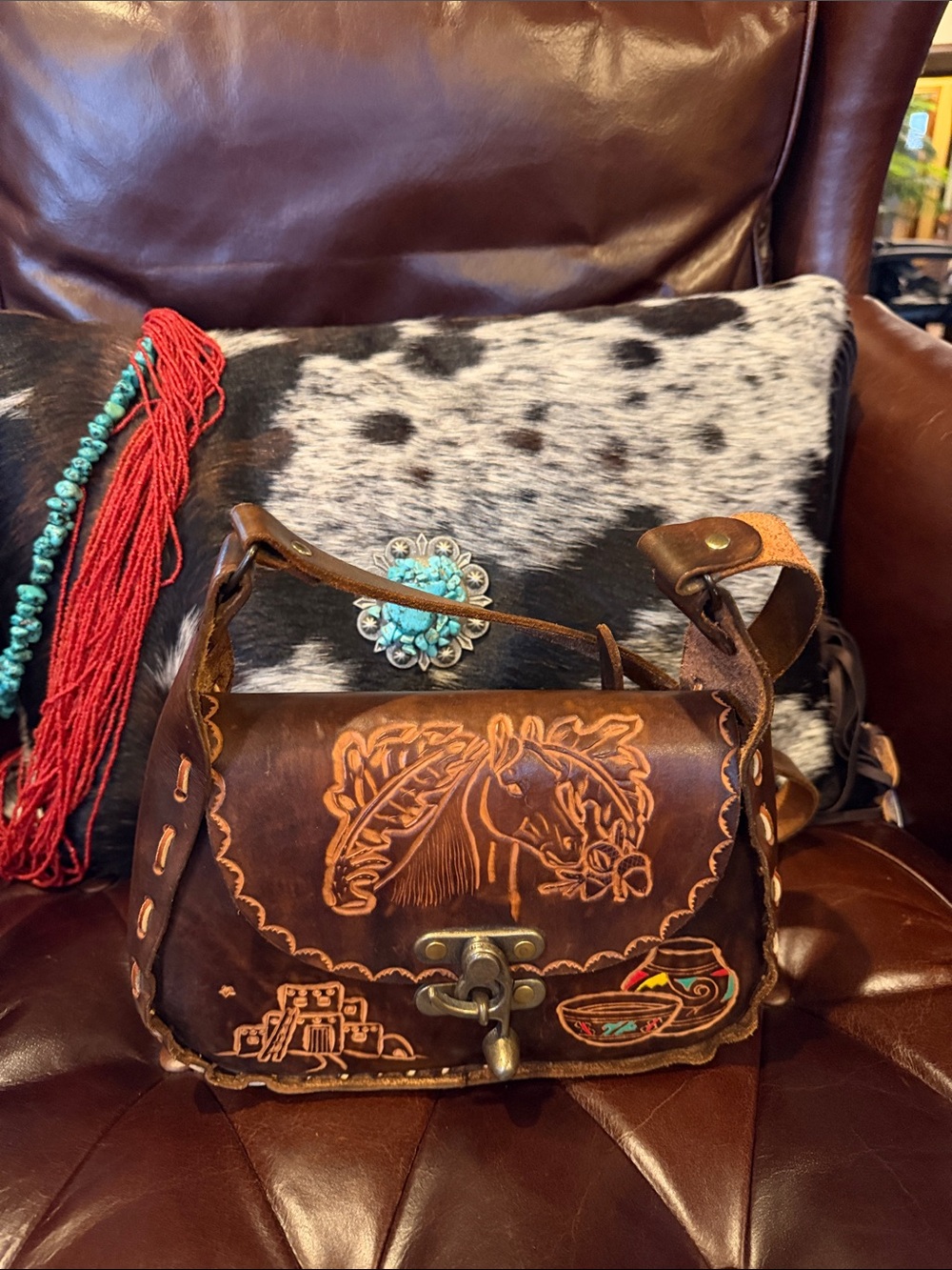 Hand-Tooled Brown Leather Shoulder Bag with Horse Motif BEAUTIFUL!!!